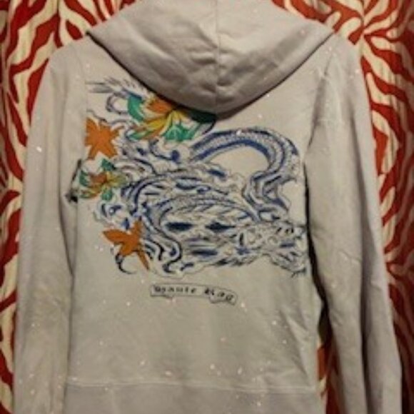 Full zip Hoodie with Flowers intertwined with Dragon by Haute Rag, Size Medium - Picture 1 of 5